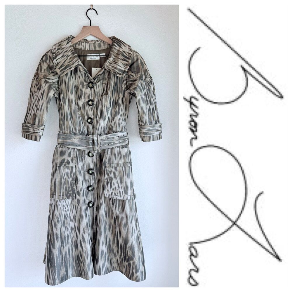 NEW SAMPLE Byron Lars Beauty Mark Warp Leopard Print Button Front Trench Coat 2